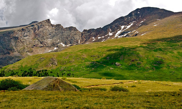Mt. Bierstadt 14,060 ft (4,286 m) on upper right and the Sawtooth on upper left viewed from Guanella Pass trailhead. Notice approaching afternoon T-storm.